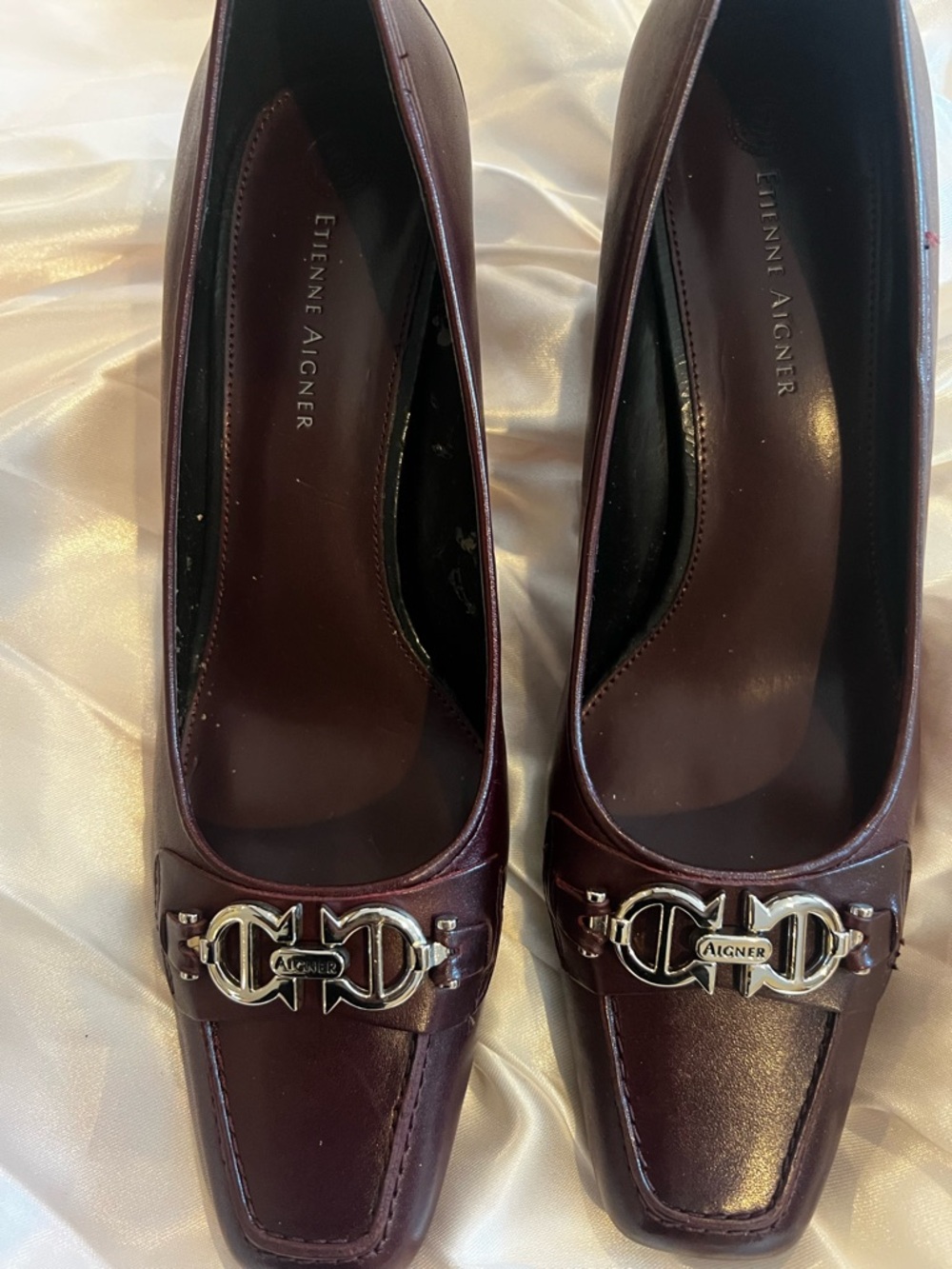 Etienne Aigner Women's Burgundy Leather Heels with Silver Logo Hardware